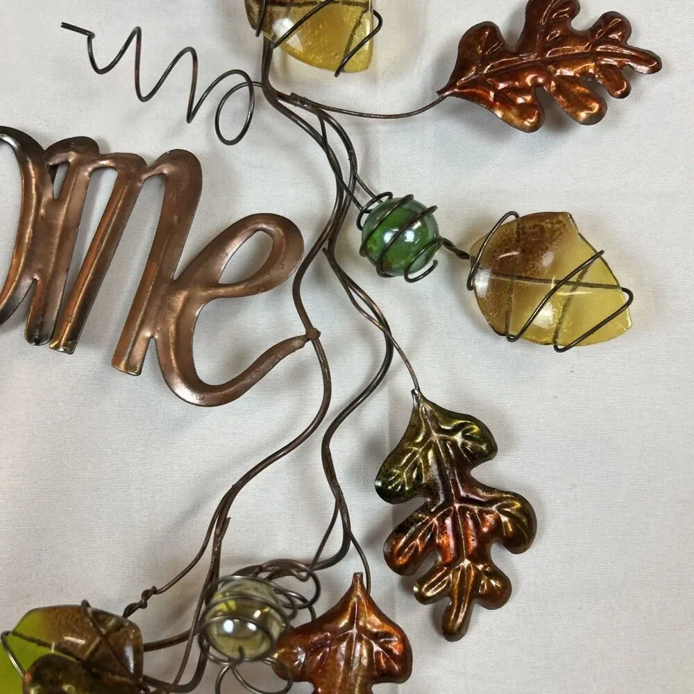 Fall Leaves Welcome Wreath Hanging Metal & Glass Decor Thanksgiving 17x13”